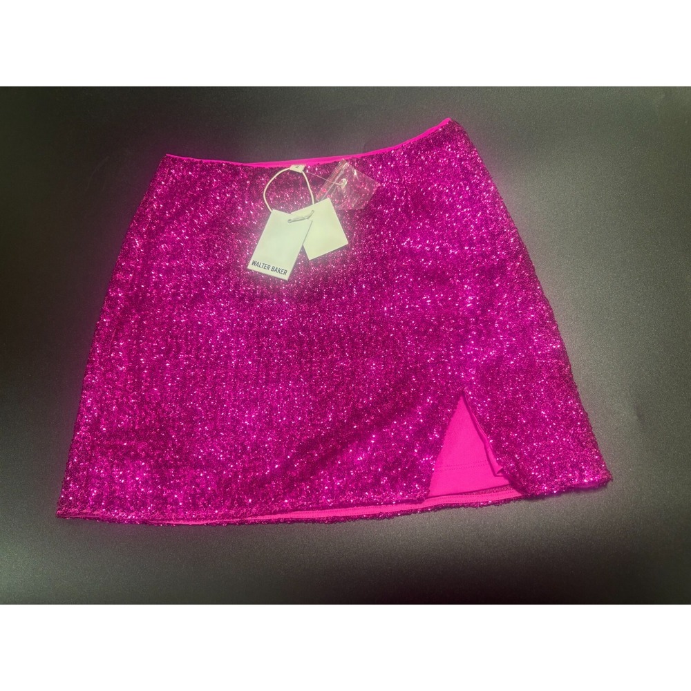 Walter Baker Mini Skirt Women's 2 Magenta Rush Sequin Mallory Lined Overlap Slit